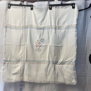 The Three Weavers Handwoven‎ White and Rainbow Fringed Baby Blanket Vintage